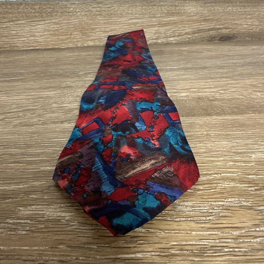 J Garcia Collection Silk Abstract Art Neck Tie Red Blue Multicolor Made USA